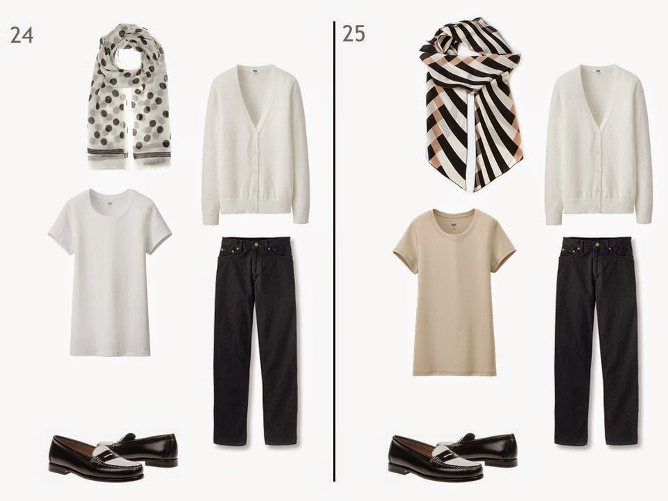 2 outfits of a white cardigan and black jeans, one with a white tee shirt, and one with a beige tee shirt, each with a patterned scarf and black and white penny loafers