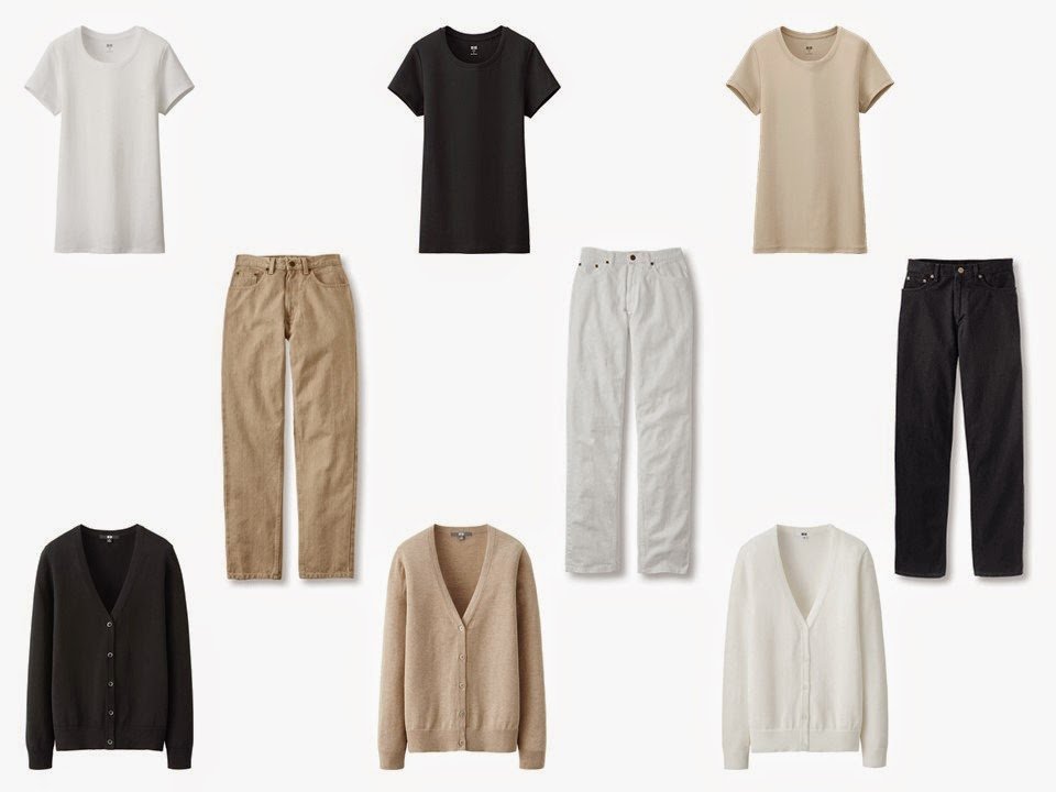9-piece capsule wardrobe in black beige and white, with three tee shirts in black, white and beige, three pair of jeans in black, white and beige, and three cardigans in black, white and beige