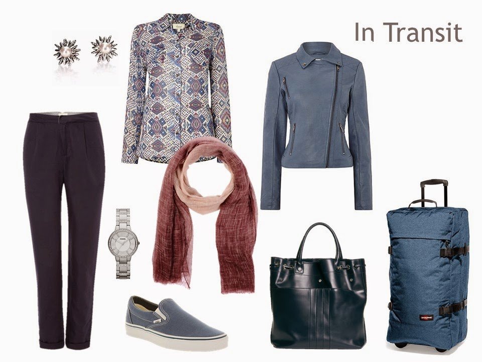 travel outfit in navy, with a blue faux suede jacket