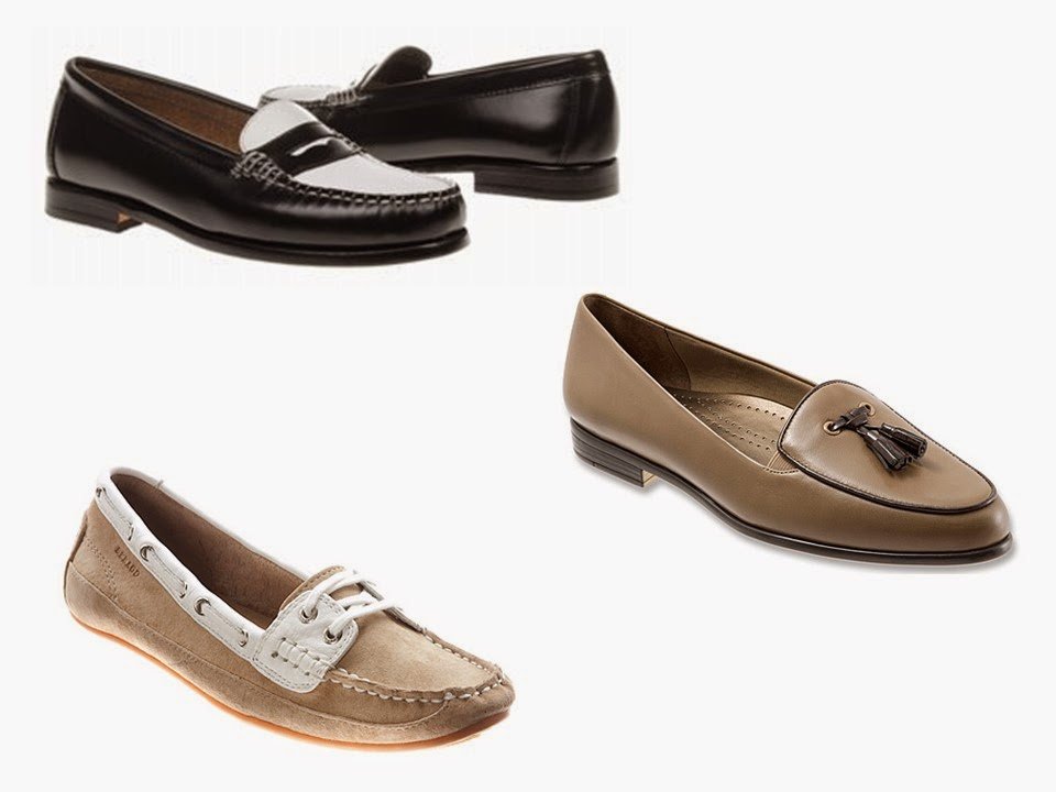 three pair of two-toned loafers, in black, beige and white