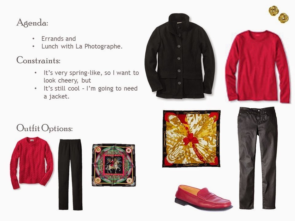 black jacket, red tee shirt, black waxed cotton jeans, with an Hermes scarf and red loafers