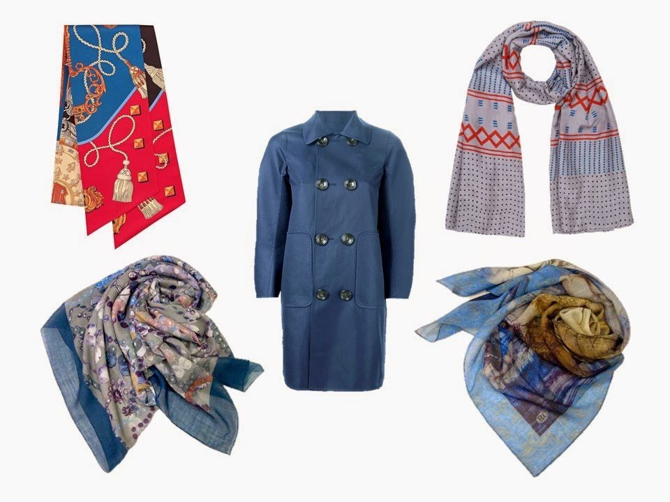 blue coat with four different complementary scarves