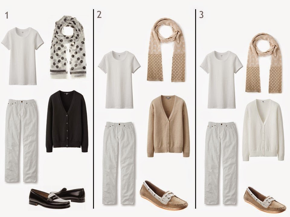 3 outfits with a white tee shirt and white jeans, each with a cardigan, scarf, and shoes in black, white or beige