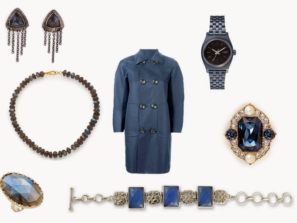 smoky blue Dsquared2 coat, with an assortment of blue jewelry