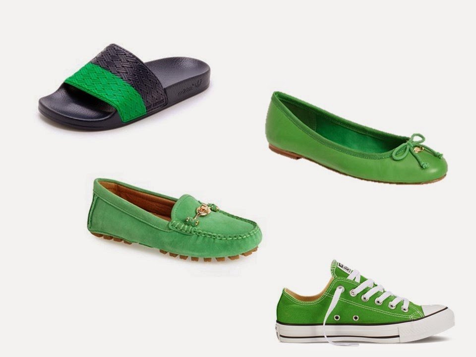 green shoes: sandals, driving mocs, ballet flats and sneakers