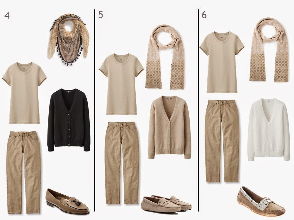 3 outfits with a beige tee shirt and beige jeans, each with a cardigan, scarf and loafers in black, white or beige