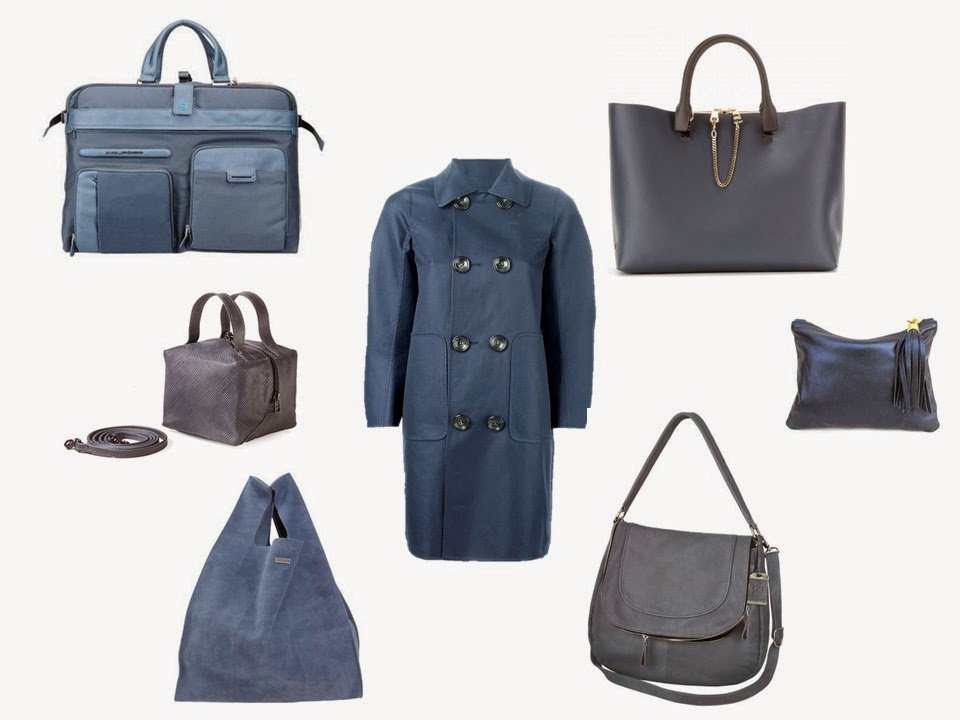 Smoky slate blue coat with a choice of blue handbags