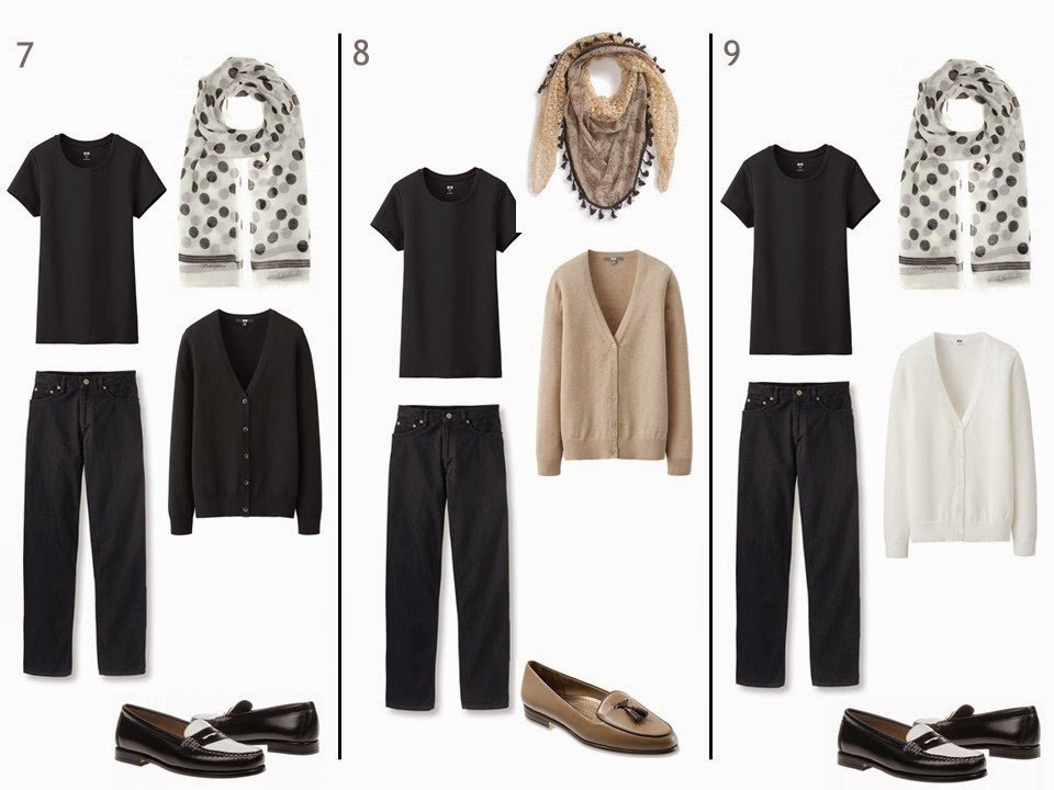 3 outfits of a black tee shirt and black jeans, each with a cardigan, scarf and loafers in black, beige or white