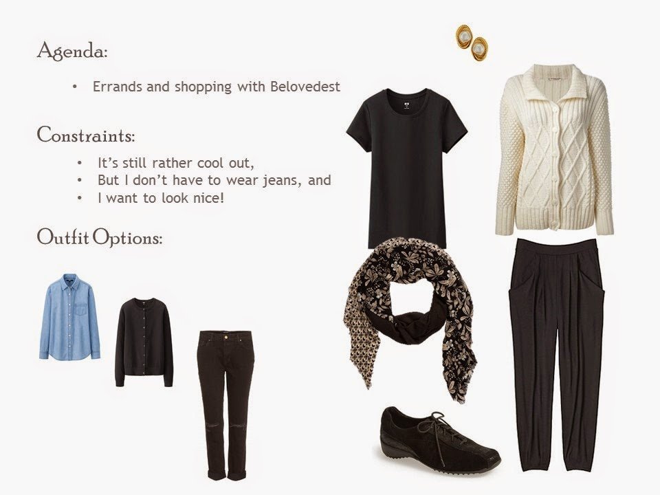 outfit of black tee shirt and slouch pants, with a beige Aran cardigan and patterned scarf