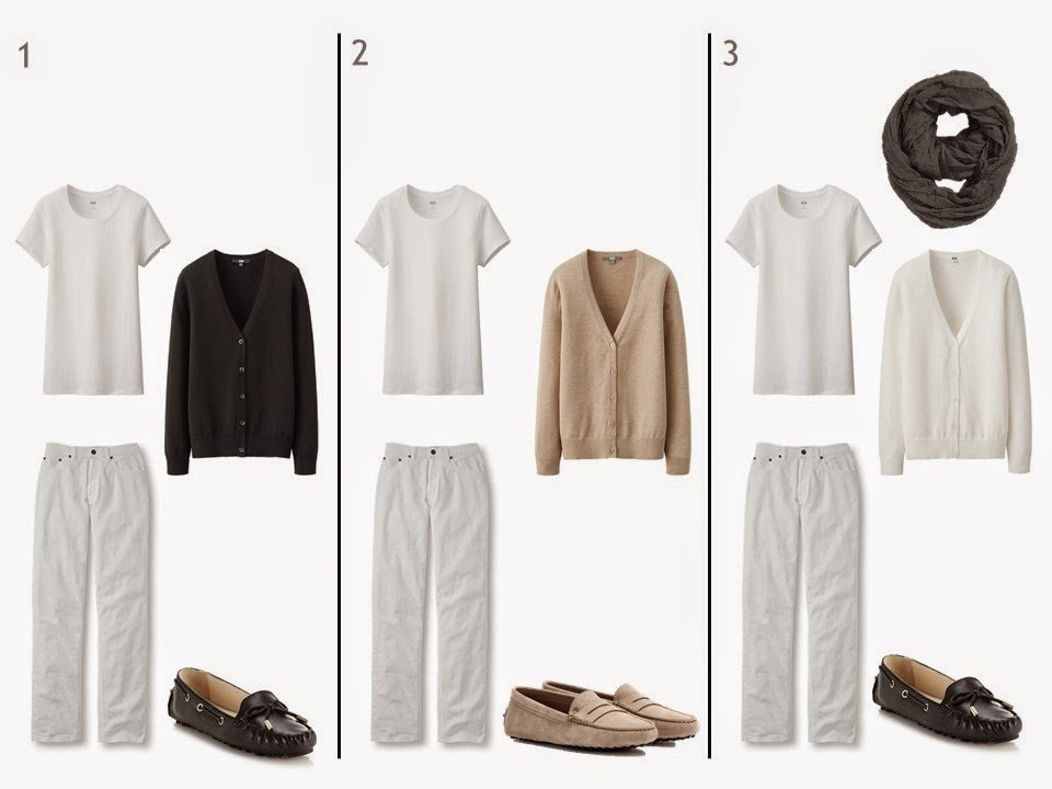 white jeans and a white tee shirt with black beige or white cardigan and loafers