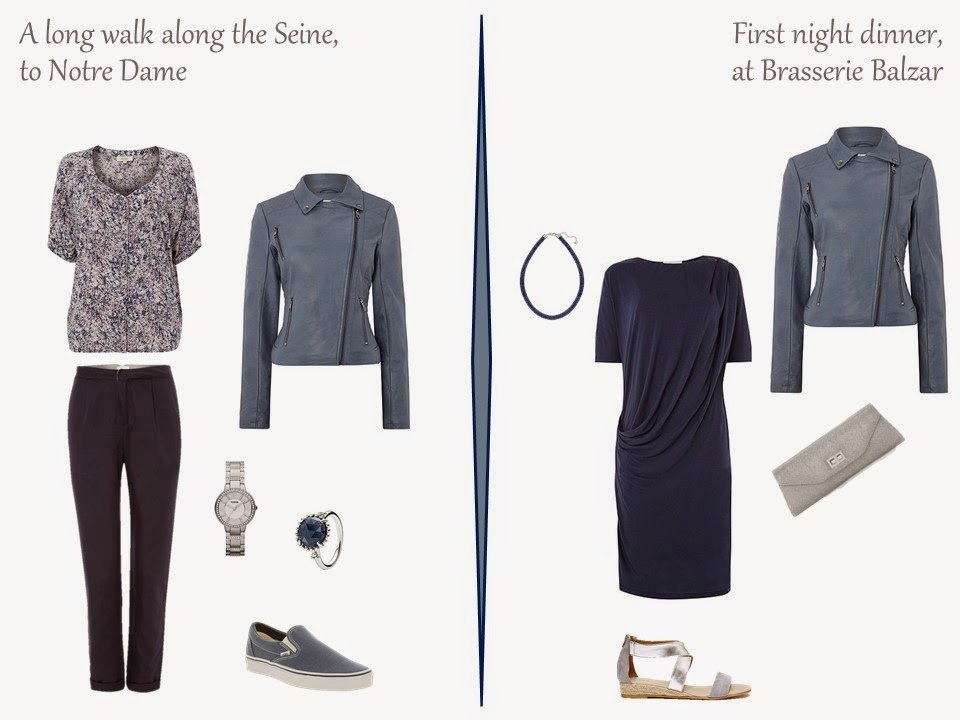 two outfits for a long weekend in Paris, including a soft blue faux suede motorcycle jacket