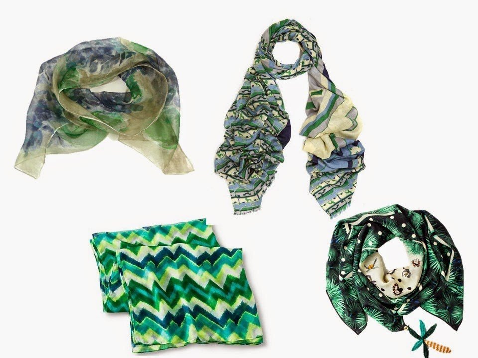 four green printed scarves