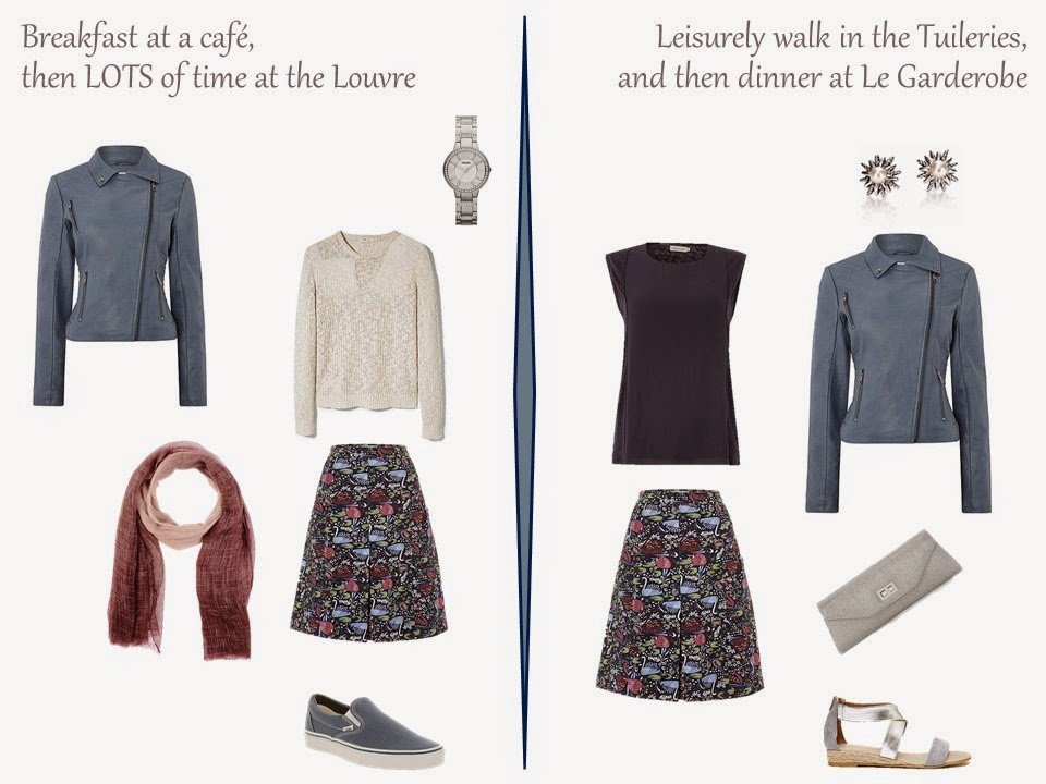 two outfits for a long weekend in Paris, including a floral skirt and a blue suede motorcycle jacket