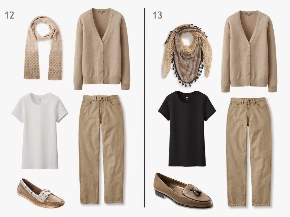 2 outfits of a beige cardigan and beige jeans, one with a white tee shirt, one with a black tee shirt, and each with a patterned scarf and two-toned shoes