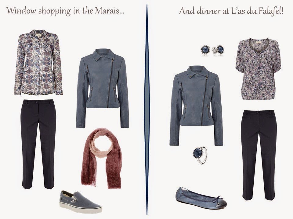 two outfits for a long weekend in Paris, including a blue suede motorcycle jacket and navy capris