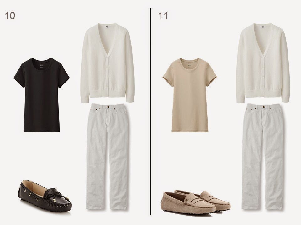 white jeans and a white cardigan with either black or beige tee shirt and loafers white jeans and a white cardigan with either black or beige tee shirt and loafers