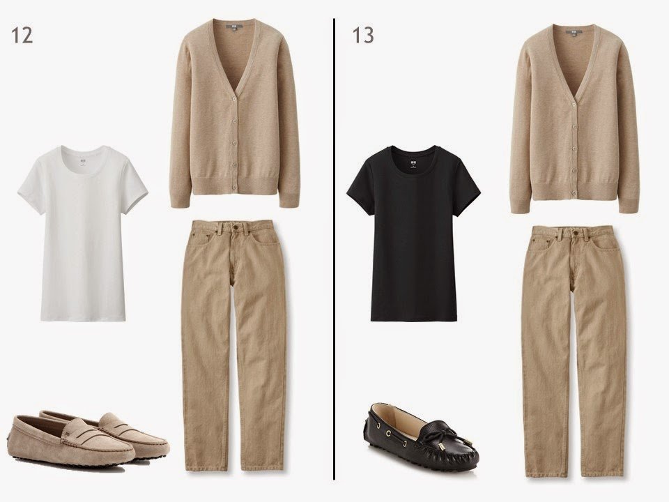 beige jeans and a beige cardigan with either a white or black tee shirt and driving moccasions beige jeans and a beige cardigan with either a white or black tee shirt and driving moccasions