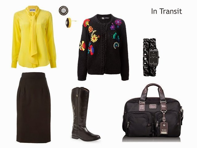 Travel outfit with a yellow blouse, a black skirt and a black floral embroidered cardigan