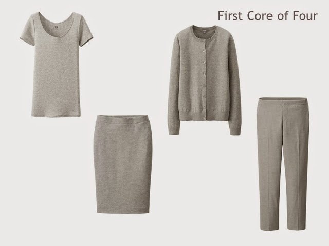 Core of Four garments in grey: tee shirt, cardigan, skirt and ankle pants