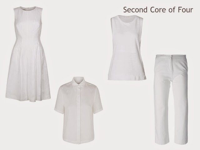 Core of Four garments in white linen: dress, shirt, top and cropped pants