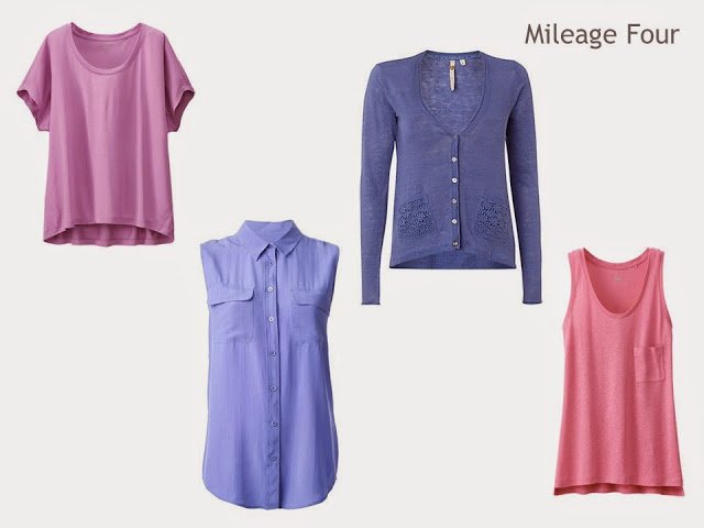 Mileage Four of four tops in pink and purple: tee shirt, sleeveless shirt, cardigan and tank top