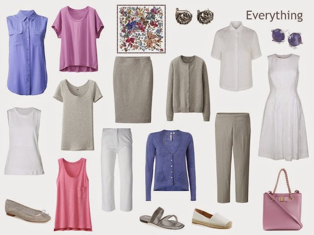 A 12-piece travel or capsule wardrobe in grey, white, pink and purple.