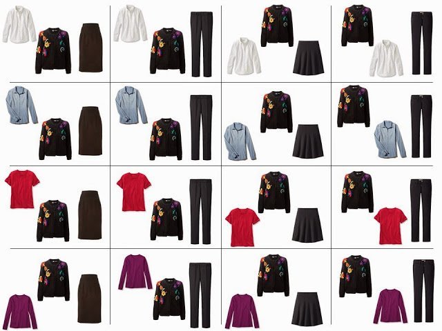 16 outfits from a "Whatever's Clean 13" in black, yellow, red and purple