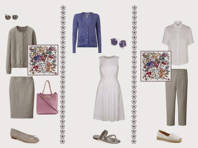 Three outfits from a grey, white, pink and purple travel or capsule wardrobe.