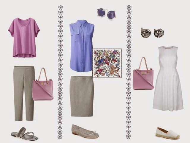 Three outfits from a grey, white, pink and purple travel or capsule wardrobe.