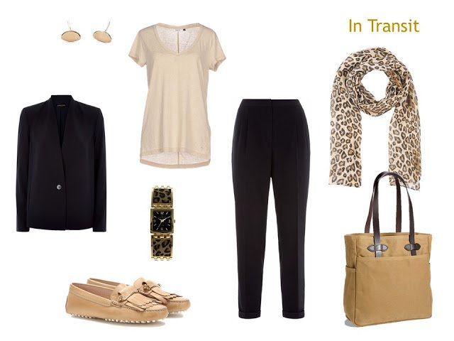 travel outfit in navy and beige with leopard accessories