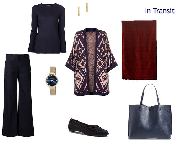 travel outfit in navy, beige and maroon - navy tee and trousers, patterned cardigan