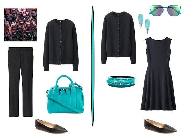 two simple black outfits with aqua accessories
