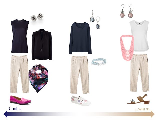 three outfits from a "Whatever's Clean 13" warm weather travel capsule wardrobe in navy, beige and white