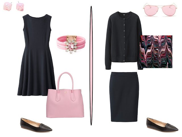 two simple black outfits with pink accessories