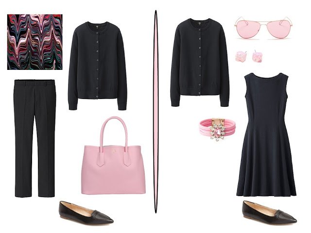 two simple black outfits with pink accessories