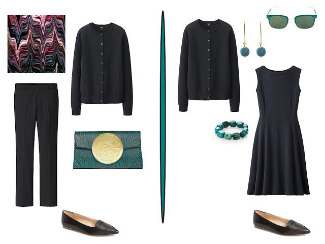 two simple black outfits with teal accessories