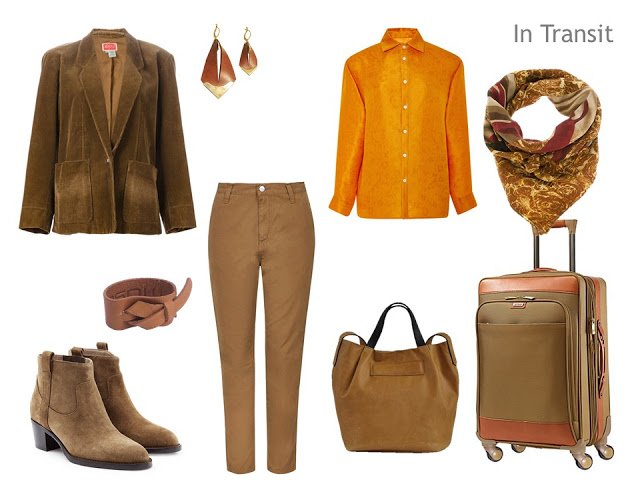 Travel outfit in brown and orange, inspired by Flaming June by Sir Frederic Leighton