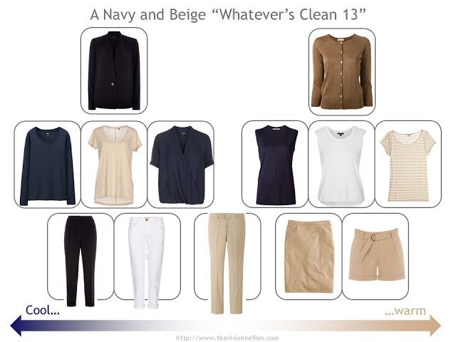 "Whatever's Clean 13" wardrobe in navy, beige and white
