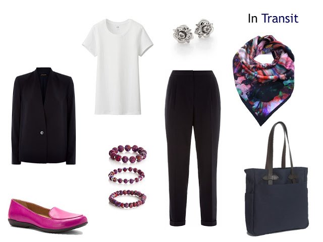 A travel outfits in navy and white, with hot pink accents