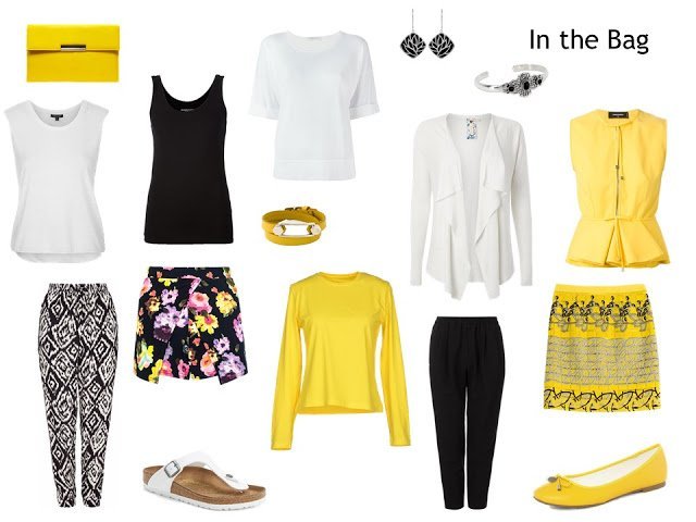 travel capsule wardrobe "Whatever's Clean 13" in black, yellow and white