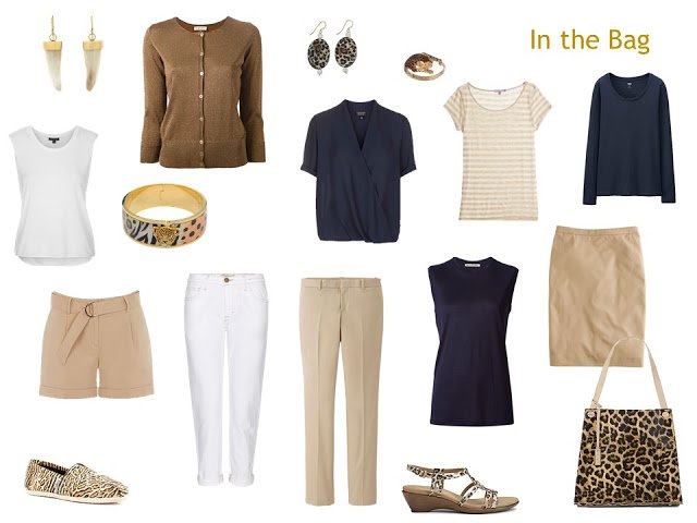 travel capsule wardrobe in navy and beige with leopard accessories