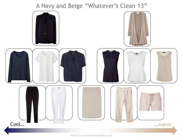 A "Whatever's Clean 13" warm weather travel capsule wardrobe in navy, beige and white