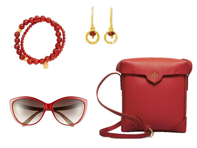 red "accessory family" of bracelet, earrings, sunglasses and purse