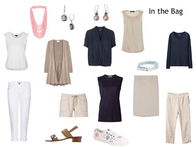 10 items to pack, in navy, beige and white, to make up a "Whatever's Clean 13" warm weather travel capsule wardrobe