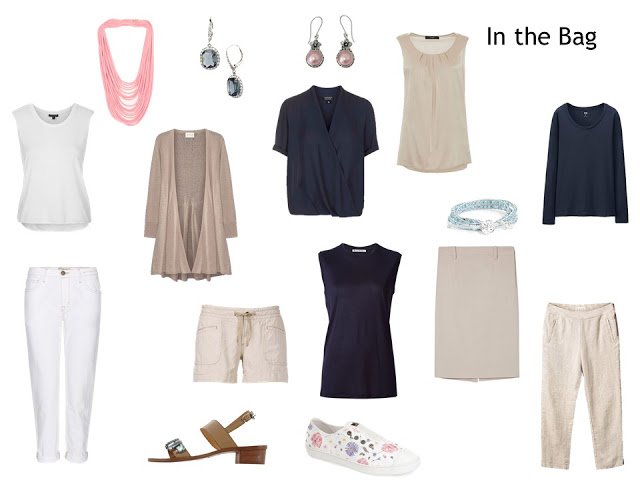 10 items to pack, in navy, beige and white, to make up a 