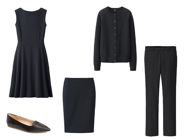 four black garments: dress, skirt, cardigan and trousers, with black ballet flats