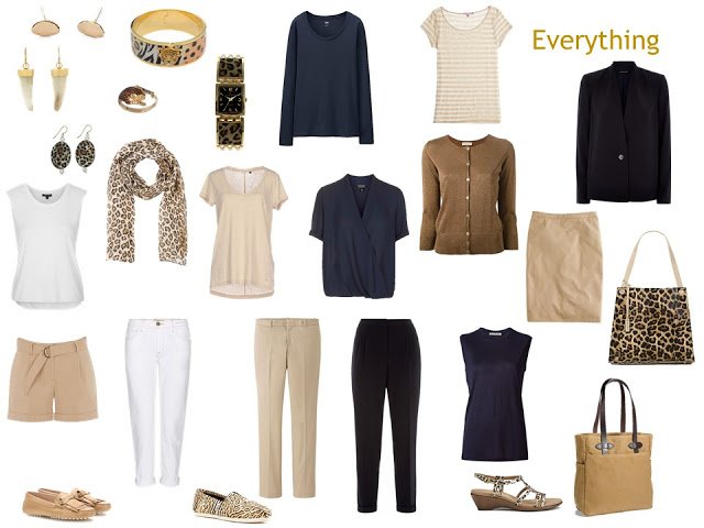 "Whatever's Clean 13" travel capsule wardrobe in navy, beige and white, with leopard accessories