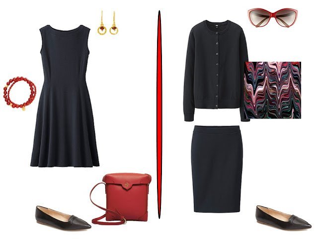 two simple black outfits with red accessories