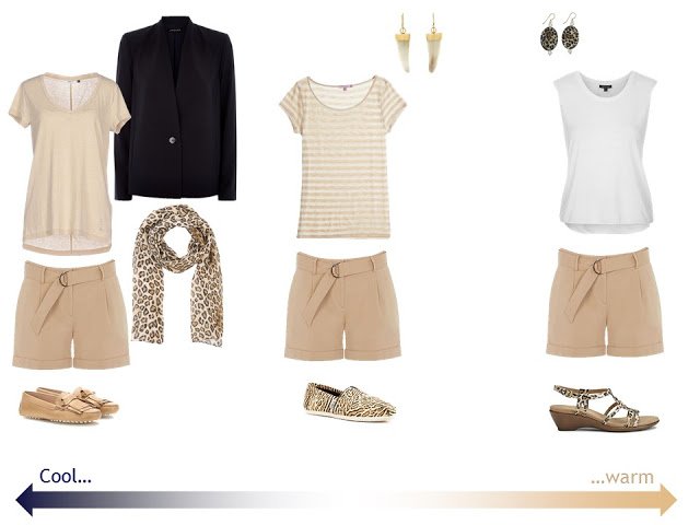 3 outfits with beige shorts and leopard accessories