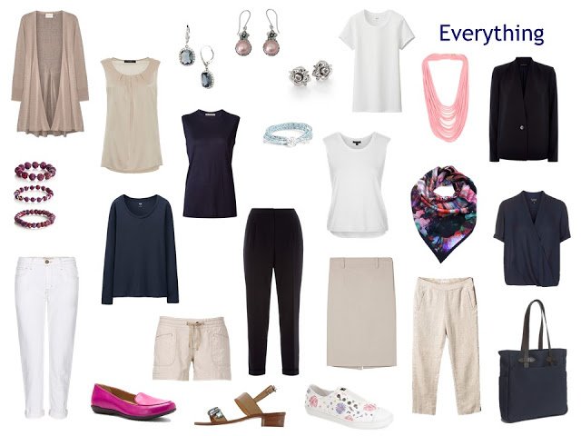 A "Whatever's Clean 13" warm weather travel capsule wardrobe in navy, beige and white